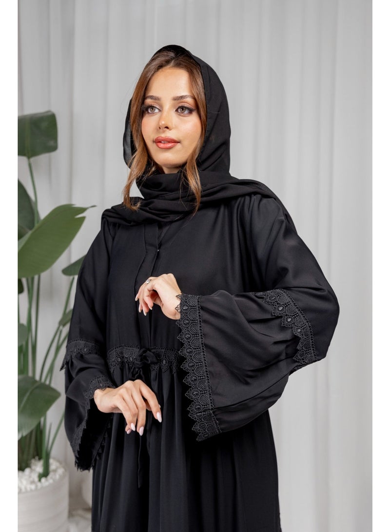اوفيليا عباية أوفيليا السوداء للنساء، فستان ماكسي متعدد الطبقات مزين بالدانتيل، ملابس إسلامية محتشمة بأكمام طويلة، فستان صلاة إسلامي أنيق - Image 2
